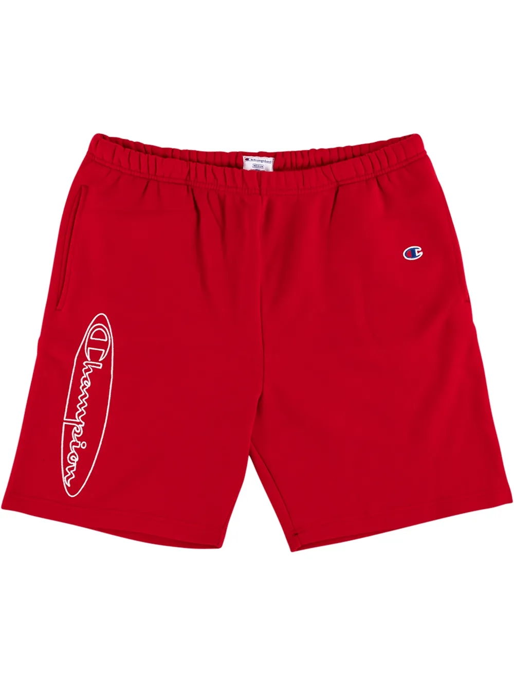 Close-up of verified Supreme shorts with tags and stitching